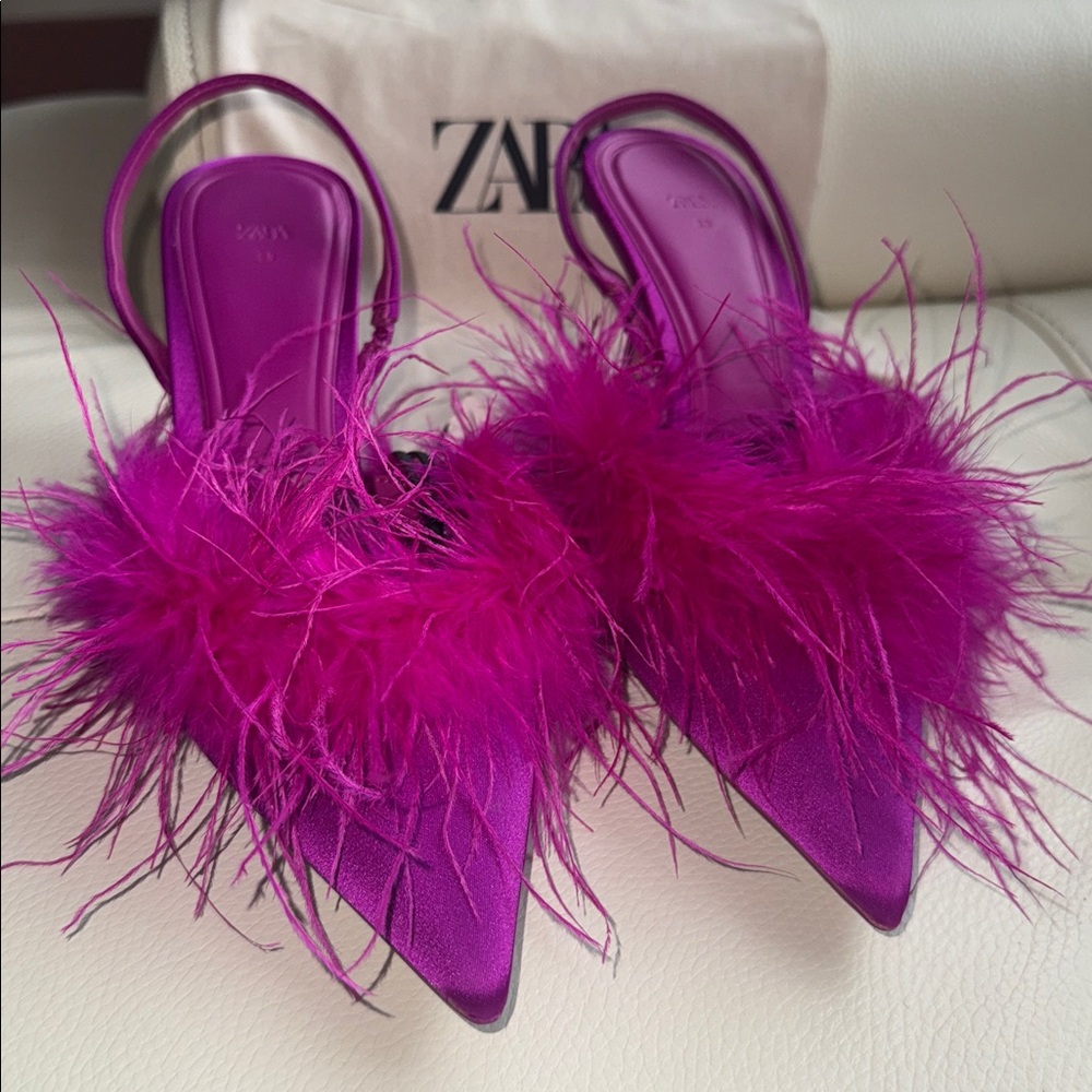 Zara Satin Slingback Pumps‎ Pointed Toe Feather Heels - Picture 13 of 17